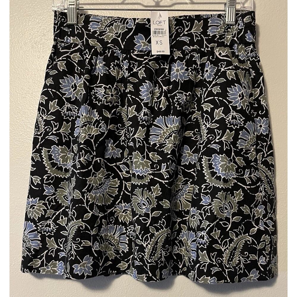 LOFT Outlet Linen Blend Skirt Size XS Pull On Blue Green Floral Pockets New